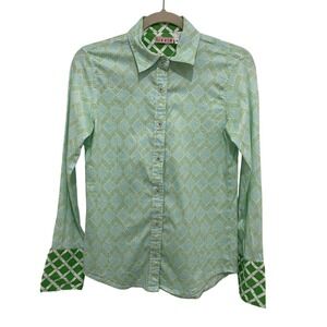 Tizzie Green Geometric Long-Sleeve Button-Up Top Contrasting Cuffs Womens Size S